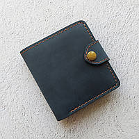 Синий кожаный женский кошелек на кнопке, синее женское портмоне из натуральной кожи, среднего размера