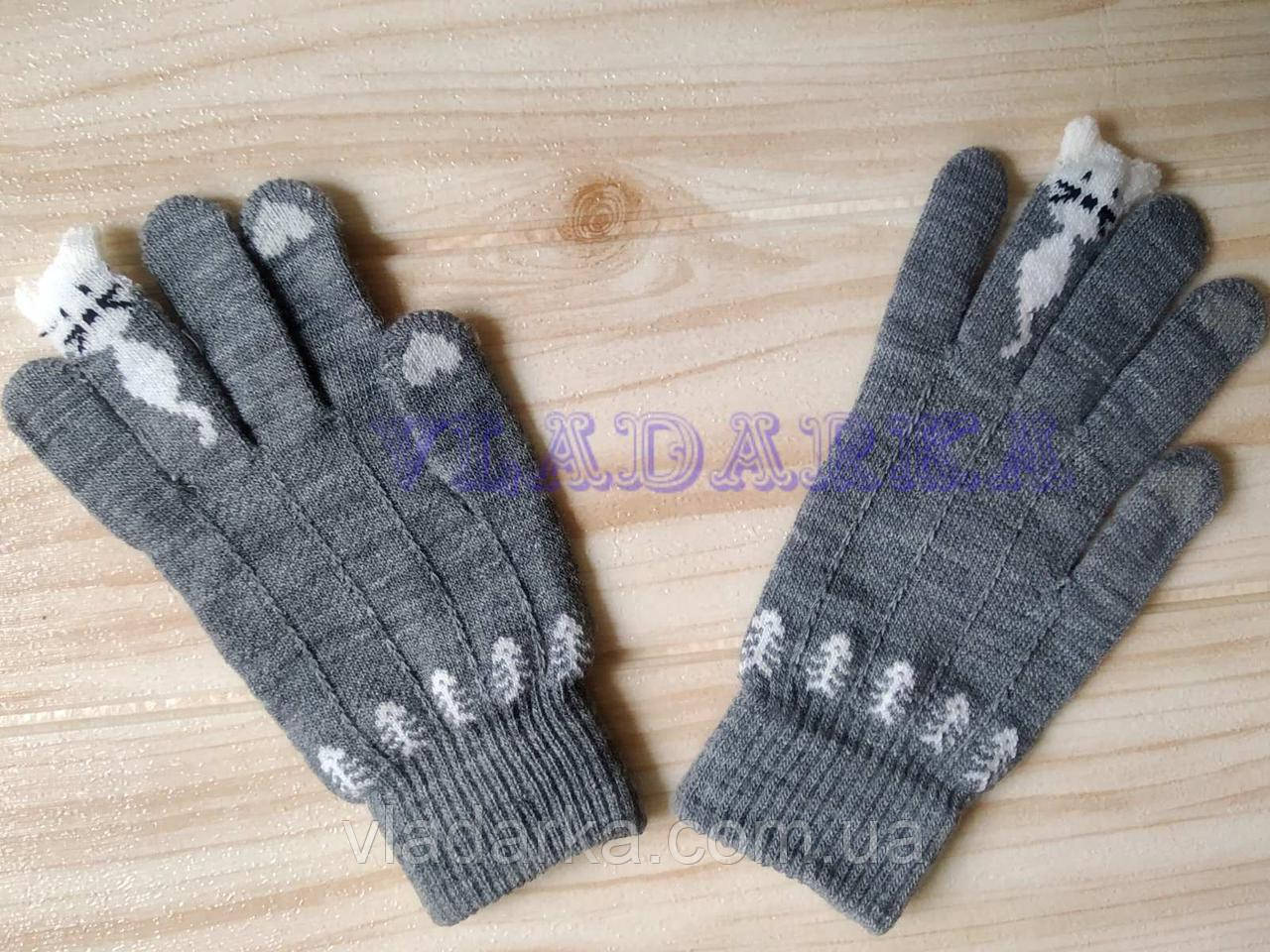 Теплі дитячі сенсорні рукавички зимові Кіт, колір сірий