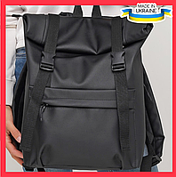 Черный женский вместительный рюкзак ролл с отделением для ноутбука с эко кожи.