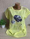 Футболка модна жіноча, колір лимонний оливковий, з принтом, льон, фото 2