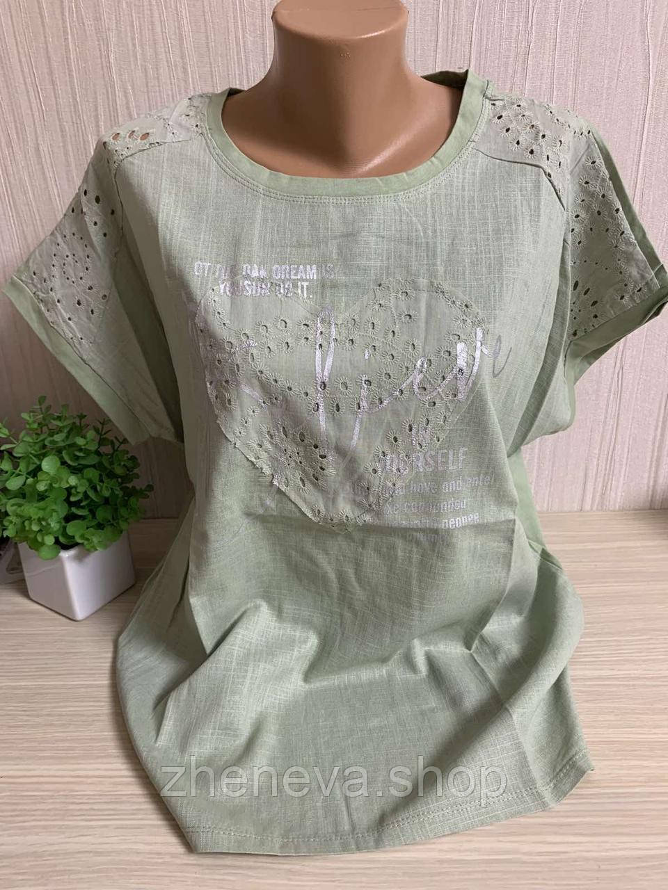 Футболка модна жіноча, колір лимонний оливковий, з принтом, льон, фото 1