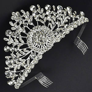 Корона діадема висота 7 см металева з гребінцями сріблястого кольору гілочки з білими стразами