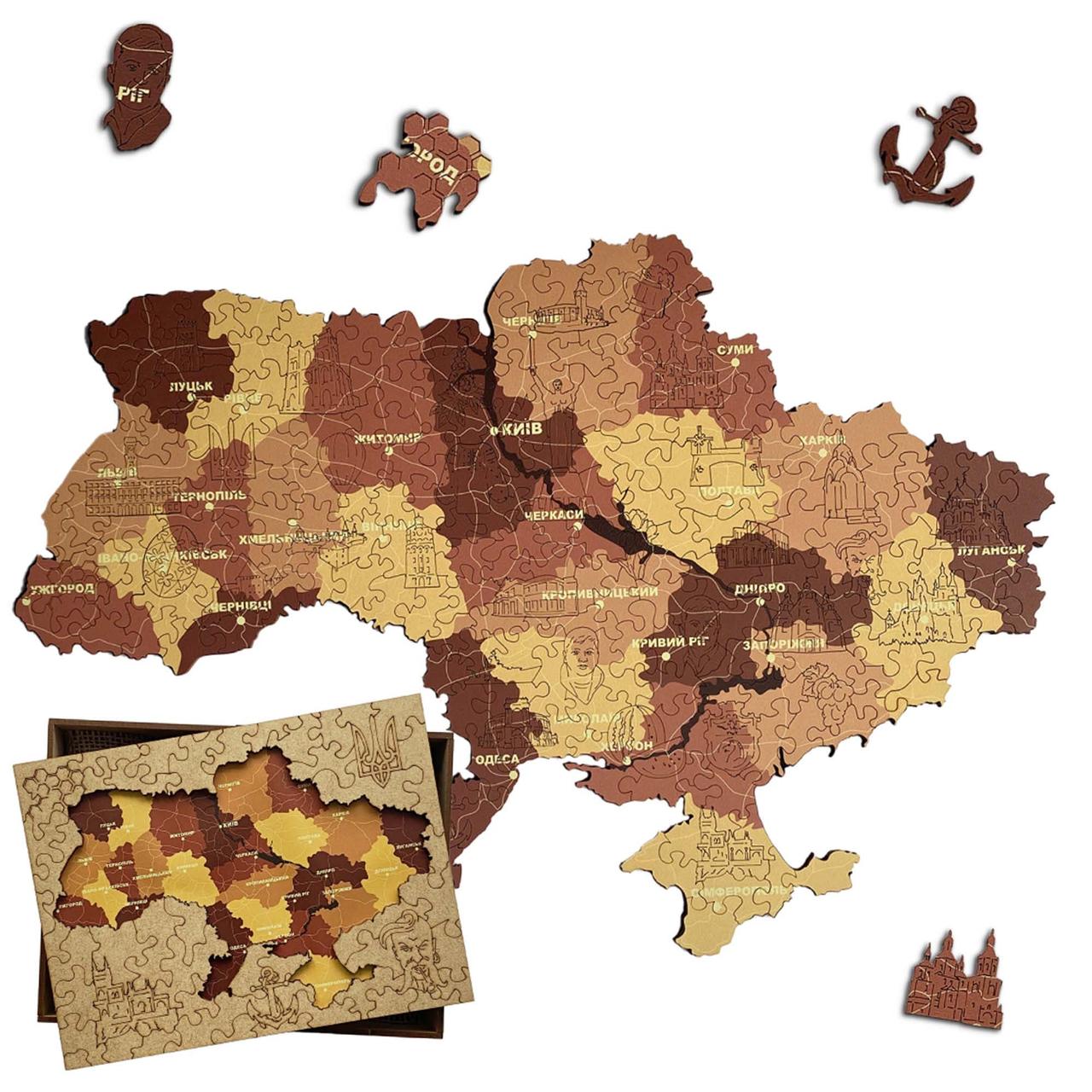 Середній Фігурний Дерев'яний Пазл Woods Story Карта України Капучіно L, фото 1
