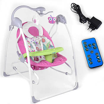 Дитячі шезлонг-гойдалки 3 в 1 JOY CX-30858 Рожевий "Метелики та квіточки" | Електронні гойдалки для новонароджених