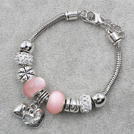 Pandora браслет серебристого цвета сердце с надписями и шармами 9 штук длина браслета 22 см ширина 3 мм, фото 2