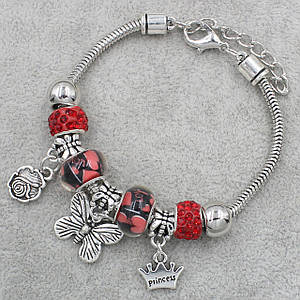 Pandora браслет серебристого цвета бабочка с красными шармами 9 штук длина браслета 22 см ширина 3 мм