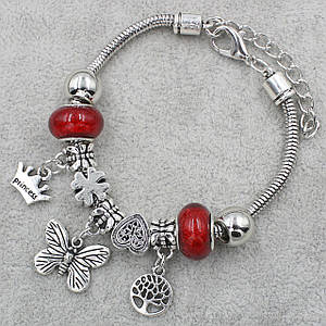 Pandora браслет серебристого цвета бабочка с красными шармами 9 штук длина браслета 22 см ширина 3 мм