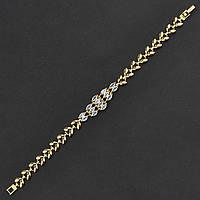 Браслет женский листики гибкий золотистый с белыми кристаллами Swarovski  длинна 19 см ширина 8-13 мм