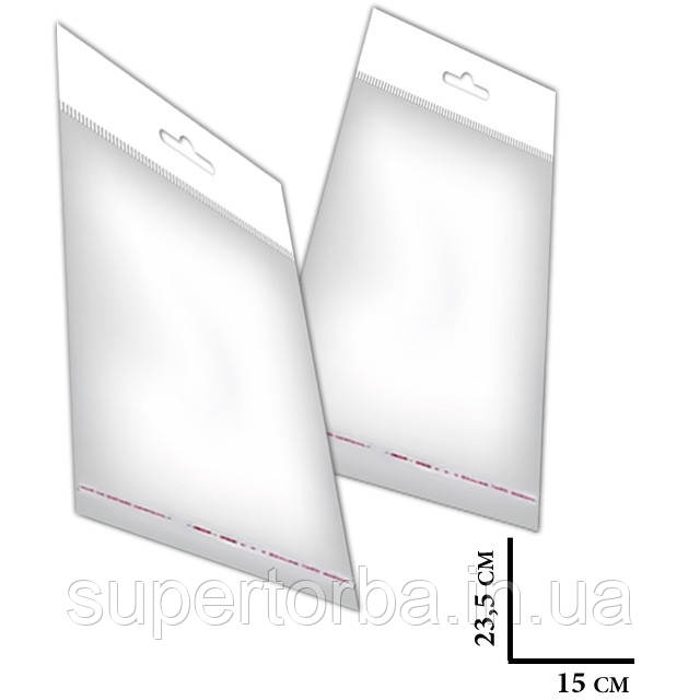 Пакет прозорий поліпропіленовий розмір 15х23,5+4 щільність 25 мкр зі скотчем єврослот 3,5 см 1000 шт/уп., фото 1