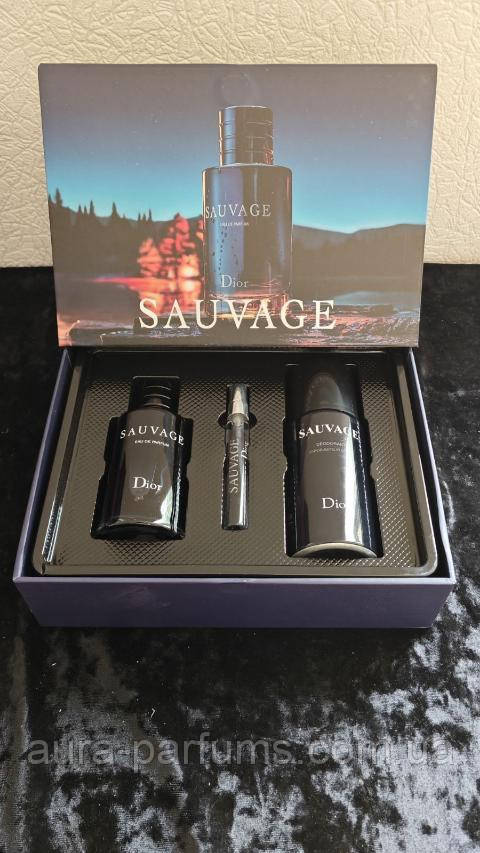 Чоловічі парфуми Christian Dior Sauvage 2018 (Крістіан Діор Саваж) Набір (edp/100ml/мл + edp/10ml/мл + deo/150ml/мл)