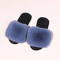 Тапочки жіночі хутряні пухнасті з відкритим носком колір Синій