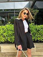 Прогулочный летний женский костюм однотонный - рубашка и шорты (Размеры S-M, L-XL), Черный