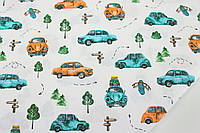 Ткань бязь "Машинки и деревья " бирюзовые и горчичные на белом фоне №1895