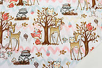 Ткань хлопковая "Зверята и вигвамы в лесу" на белом фоне №1787