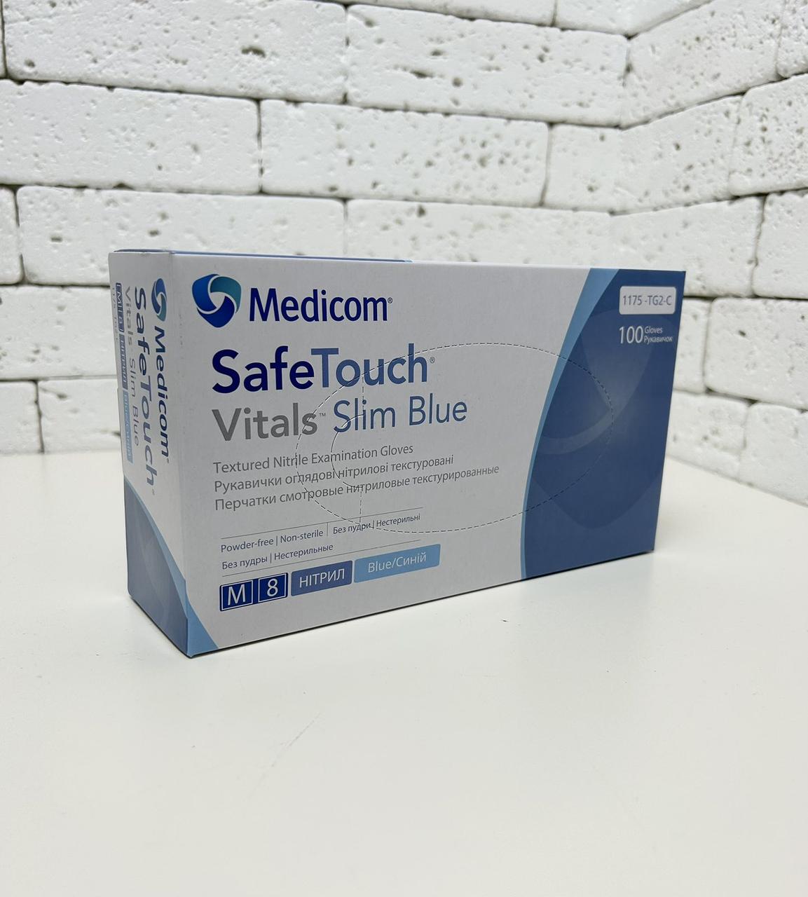 Нітрилові рукавички Medicom Slim Blue Vitals, розмір M, блакитні, 100 шт