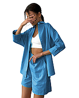 Женский костюм рубашка и шорты 42-44,46-48, голубой, ткань лен