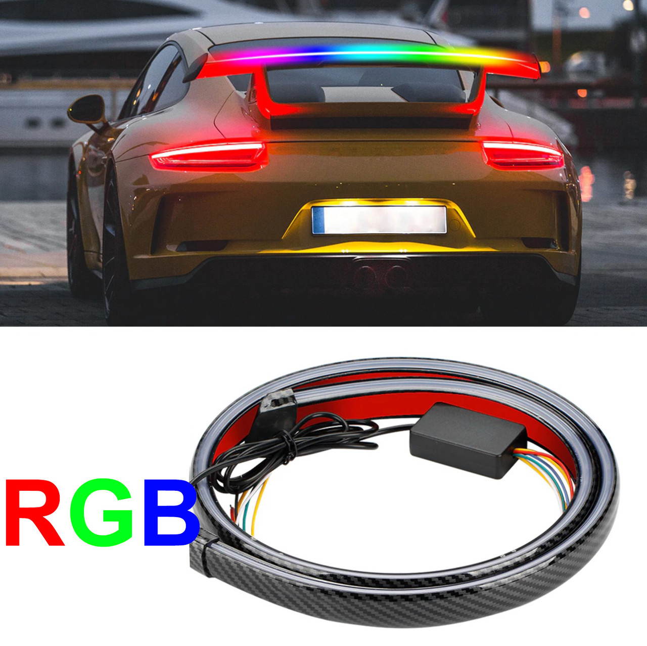 Лип спойлер SAMURAI з динамічним RGB LED підсвічуванням стоп, поворот, задній хід (Карбон, 120см)