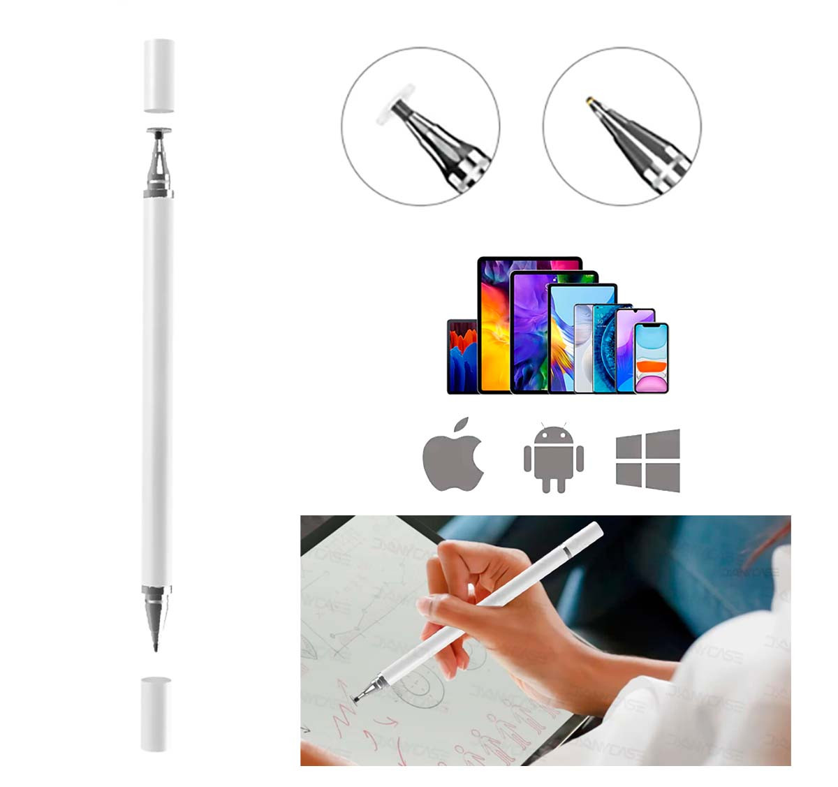 Універсальний білий стилус + звичайна ручка 2 в 1 для смартфона планшета IOS Android Windows