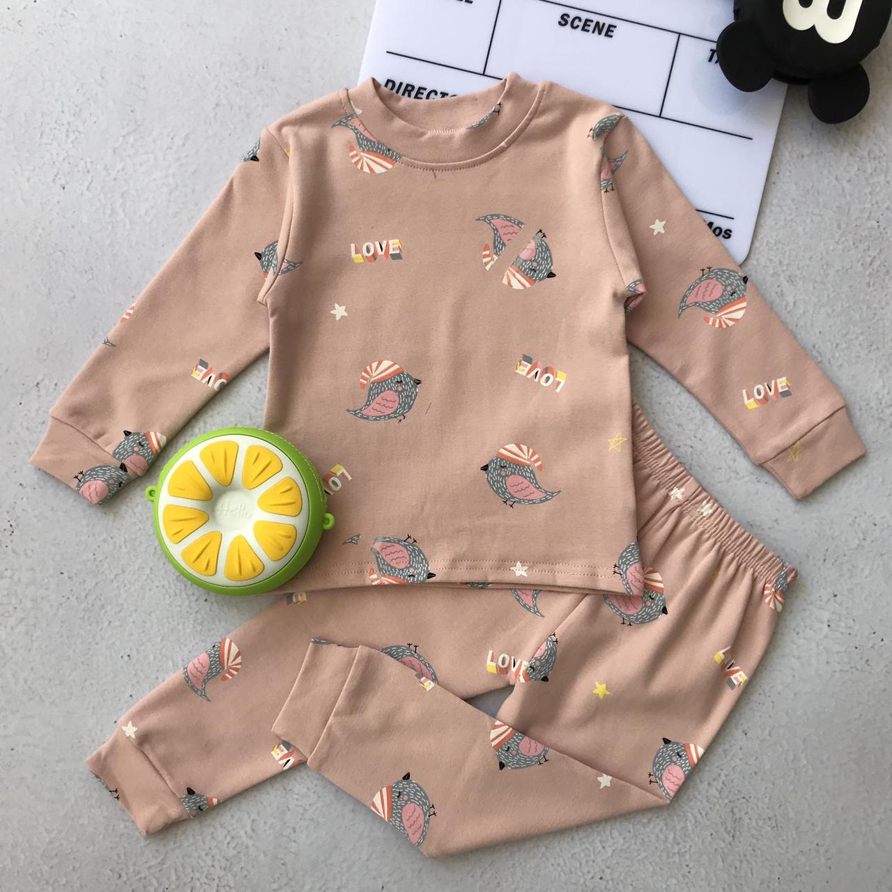 Піжама для дівчинки з пташками Пудрова 45621 28, Пудровый, Для девочек, Весна Осень, 60, 2 года, фото 1