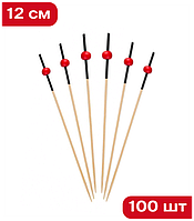 Шпажки бамбукові "кулька/м'яч червона" з чорним верхом 12см 100шт/уп