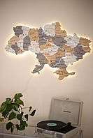 Деревянная карта Украины на стену с подсветкой рек цвет стоун