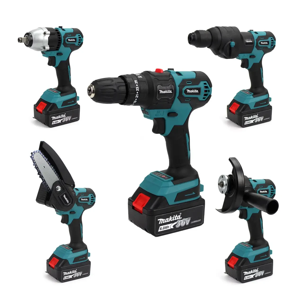 Набір акумуляторного інструменту Макіта, 5в1 Шурупокрут Makita DF482DWE (36V, 6AH)