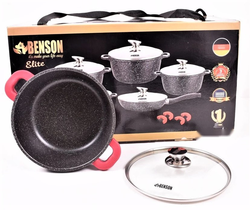 Набор посуды Benson BN-329 (10 предметов) мраморное покрытие | кастрюля с крышкой, кастрюли | сковорода Бенсон - фото 2 - id-p1881434654