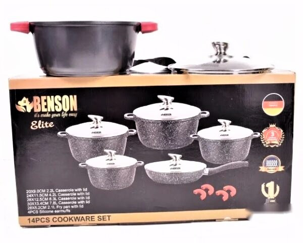 Набор посуды Benson BN-329 (10 предметов) мраморное покрытие | кастрюля с крышкой, кастрюли | сковорода Бенсон - фото 4 - id-p1881434654