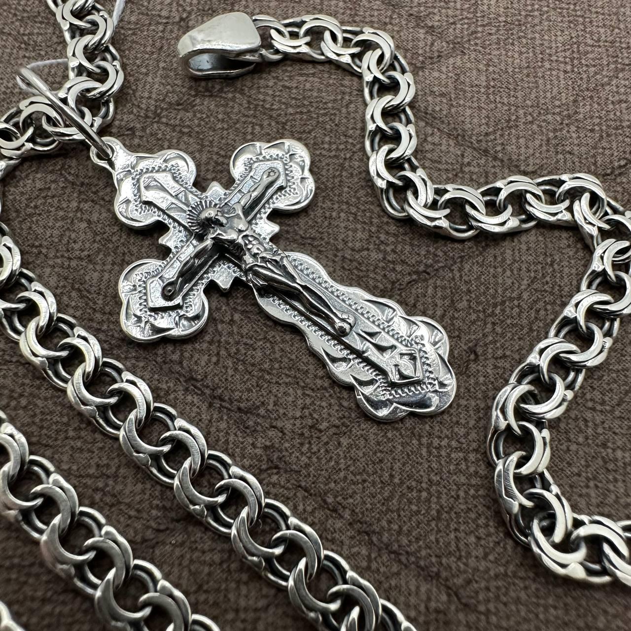 Срібний православний невеликий хрестик з чорнінням та ланцюжок 925 проба комплект