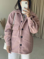 Осенняя шубка-рубашка универсального размера из эко-меха овчина на пуговицах с карманами Розовый