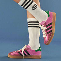 Женские кроссовки Adidas Gazelle Gucci (розовые с чёрным и зелёным) яркие модные низкие кеды 1425 топ
