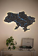 Настенная деревянная карта Украины с реками черная