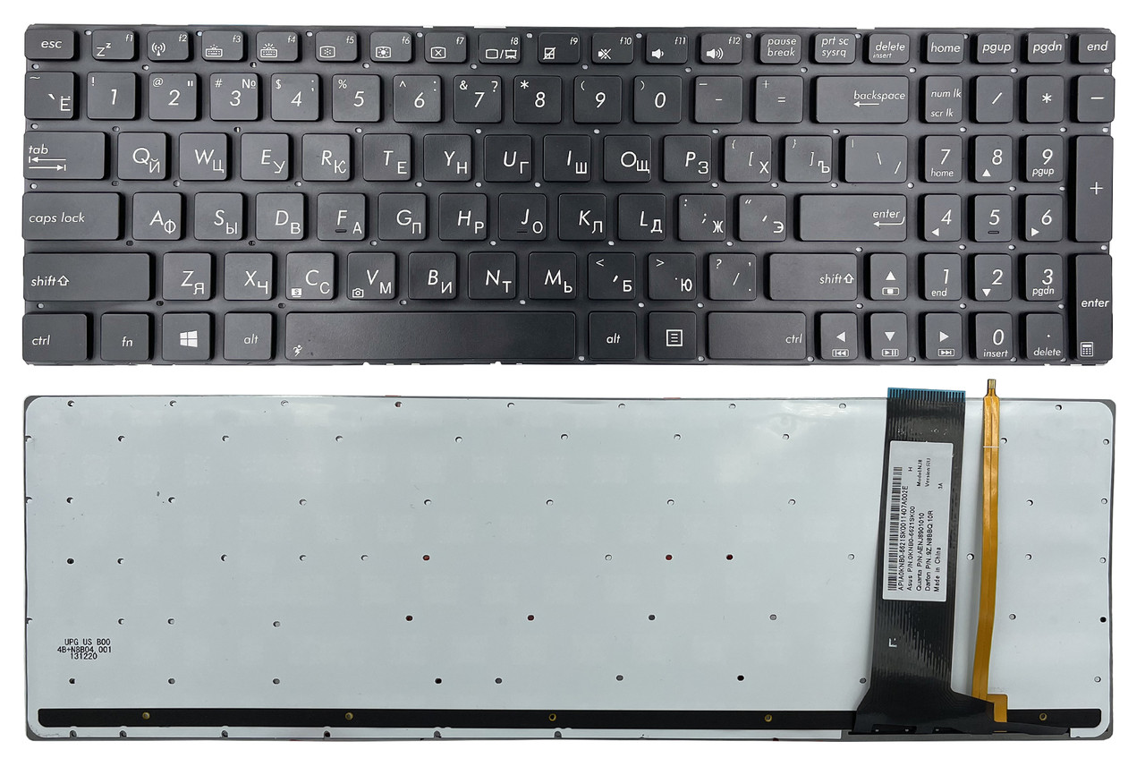Клавіатура для ноутбука Asus N56 N56V N76 N76V N550 N750 Q550 R501 R750 чорна без рамки Прямий Enter підсвітка Original PRC