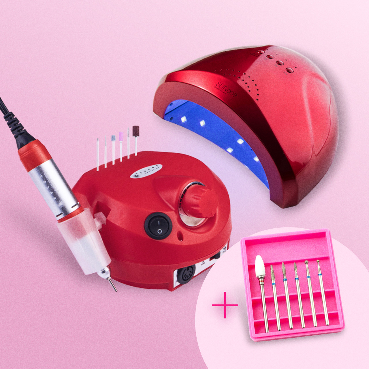 Набір для манікюру лампа SUN ONE 48W + фрезер ZS-601 35 тис. об/хв + набір фрез з 6 шт.(ЧЕРВОНИЙ), фото 1