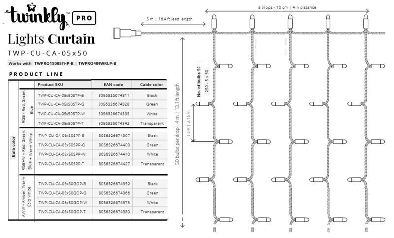 Twinkly Pro Smart LED Twinkly Pro Curtain Capsule AWW 250, AWG22, 5 by 50, 8cm by 10cm spacing, IP65, wire - фото 5 - id-p1881543782