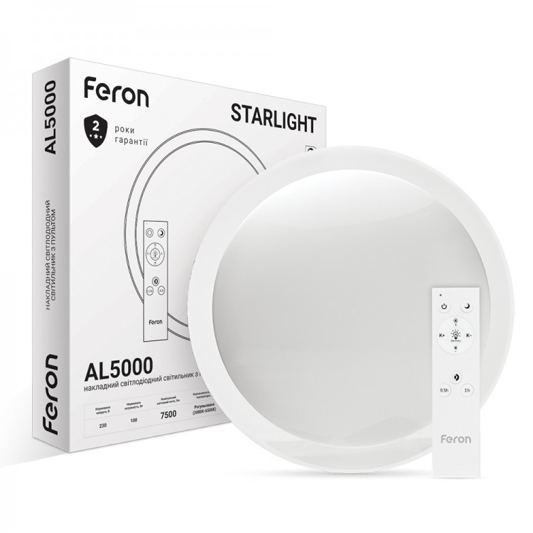 Стельовий світлодіодний світильник Feron AL5000 STARLIGHT 100W LED 2700K-6400K з пультом ДУ 770*90mm круглий 7500Lm