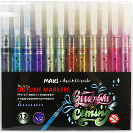 Художній маркер Maxi Металізовані з кольоровим контуром, 12 кольорів (MX15247)