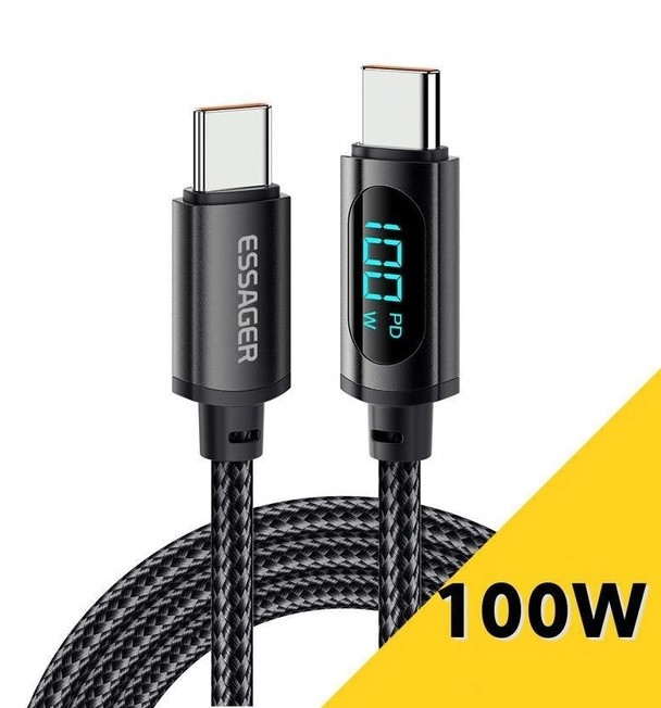 Кабель Essager Type-C PD 100w Fast Charge з дисплеєм QC 3.0 200см провід для швидкого заряджання та передачі даних