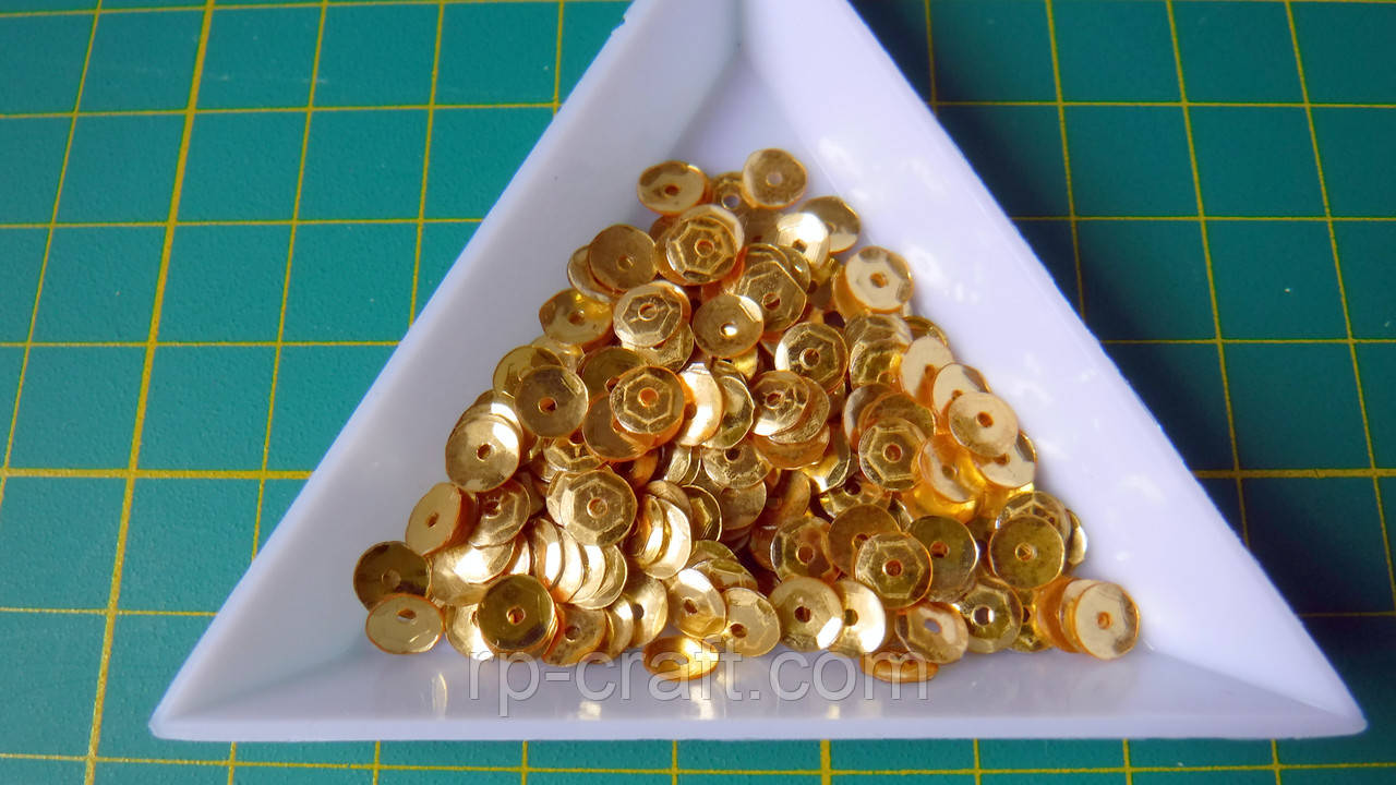 106. Упаковка паєток. Круглі, тиснені, 5 мм, 2 грами, золото, фото 1