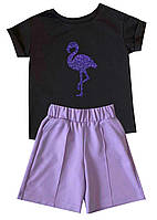Летний костюм детский комплект футболка шорты для девочки с летним принтом Фламинго
