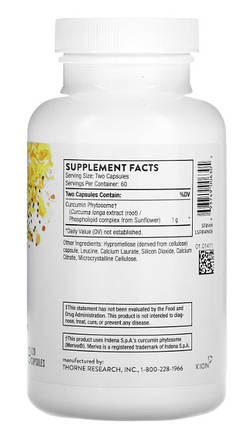 Куркума Thorne Curcumin Phytosome 1000 mg, 120 капсул, фото 4