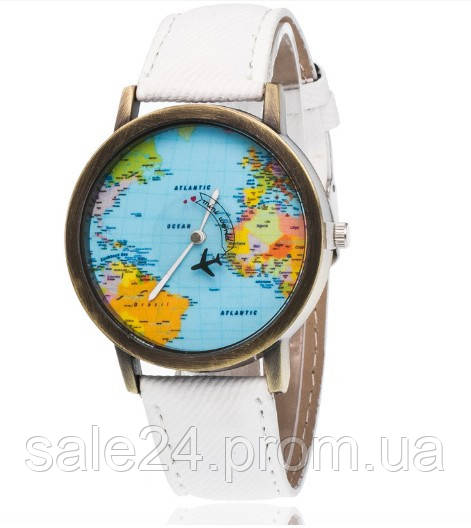 Наручний годинник з картою світу і літаком, що літає Джинсовий ремінець (414100754) Білий ремінець