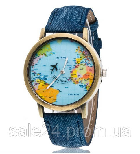 Наручний годинник з картою світу і літаком, що літає Джинсовий ремінець (414100754) Синій ремінець