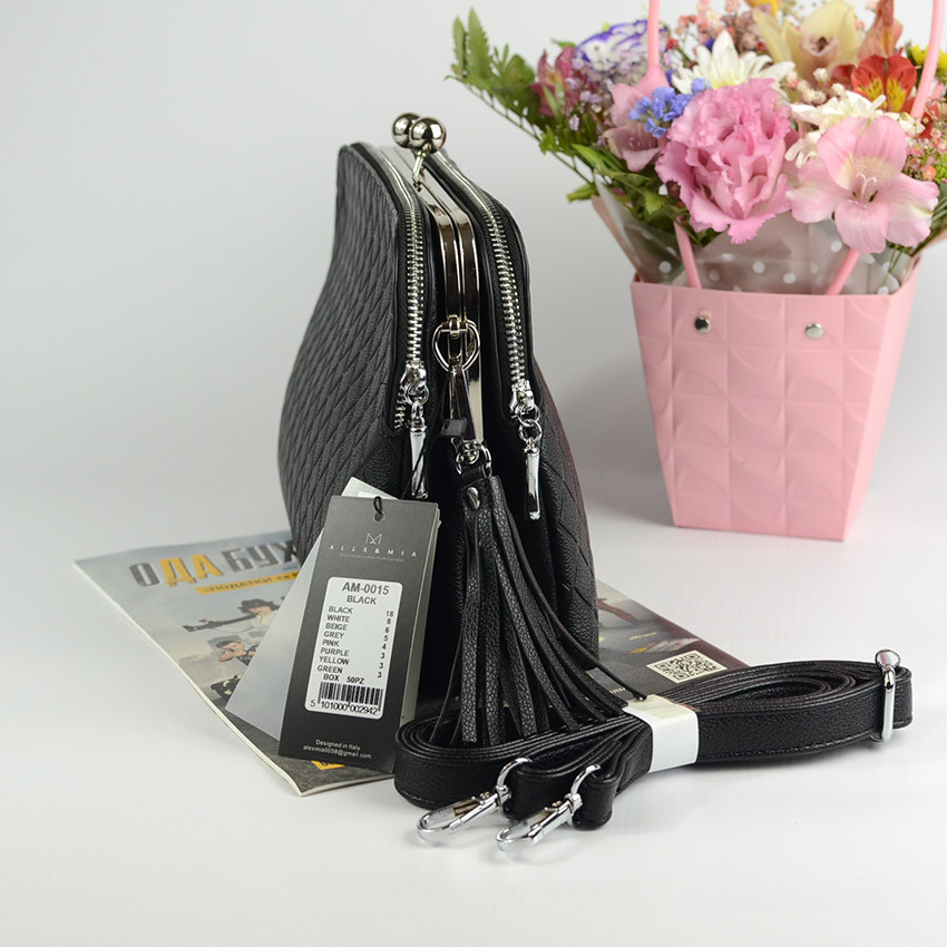 Черная женская сумка клатч на три отделения на защелке "Поцелуйчик", Маленькая модная сумочка кросс боди - фото 8 - id-p1881941949