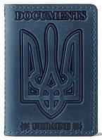 Шкіряна обкладинка на id паспорт, для документів (права, техпаспорт) документниця Герб, Тризуб Villini 017 Блакитна