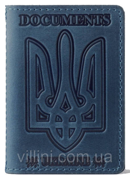 Шкіряна обкладинка на id паспорт, для документів (права, техпаспорт) документниця Герб, Тризуб Villini 017 Блакитна