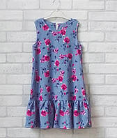 Платье летнее с воланом без рукава для девочки голубое в яркие цветы, хлопковый сарафан для девочек