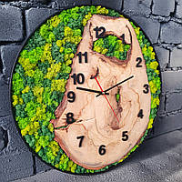 Часы в металлическом ободке со стабилизированным мхом, настенные часы со спилом, часы со спилом дерева 45см