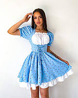 Стильное нежное летнее женское короткое мини платье французский стиль с завязками корсет в цветочный принт 44/46, Голубой