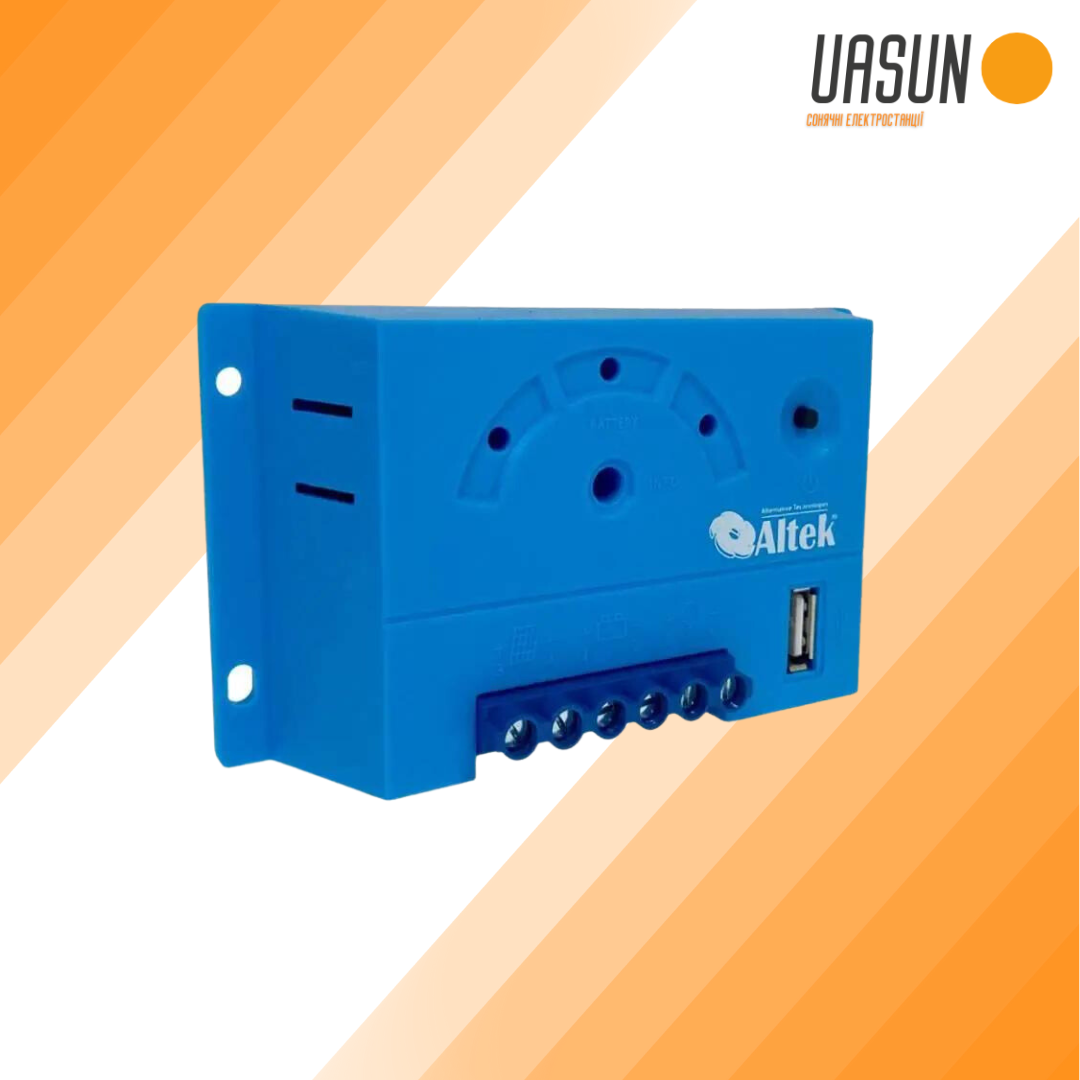 Контролер заряду Altek P-10А/12V-USB з дисплеєм та USB сонячний зарядний пристрій 10А